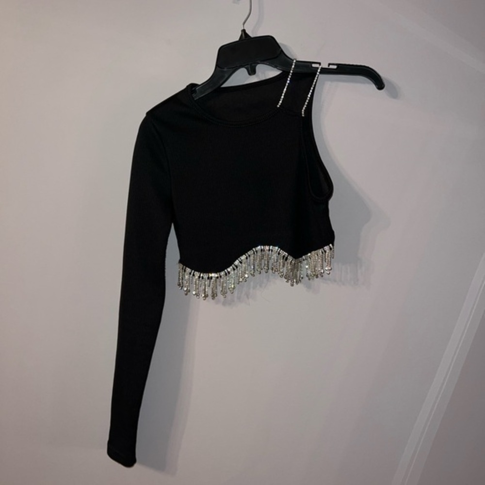 One shoulder long sleeve crop top shirt with bedazzled Small